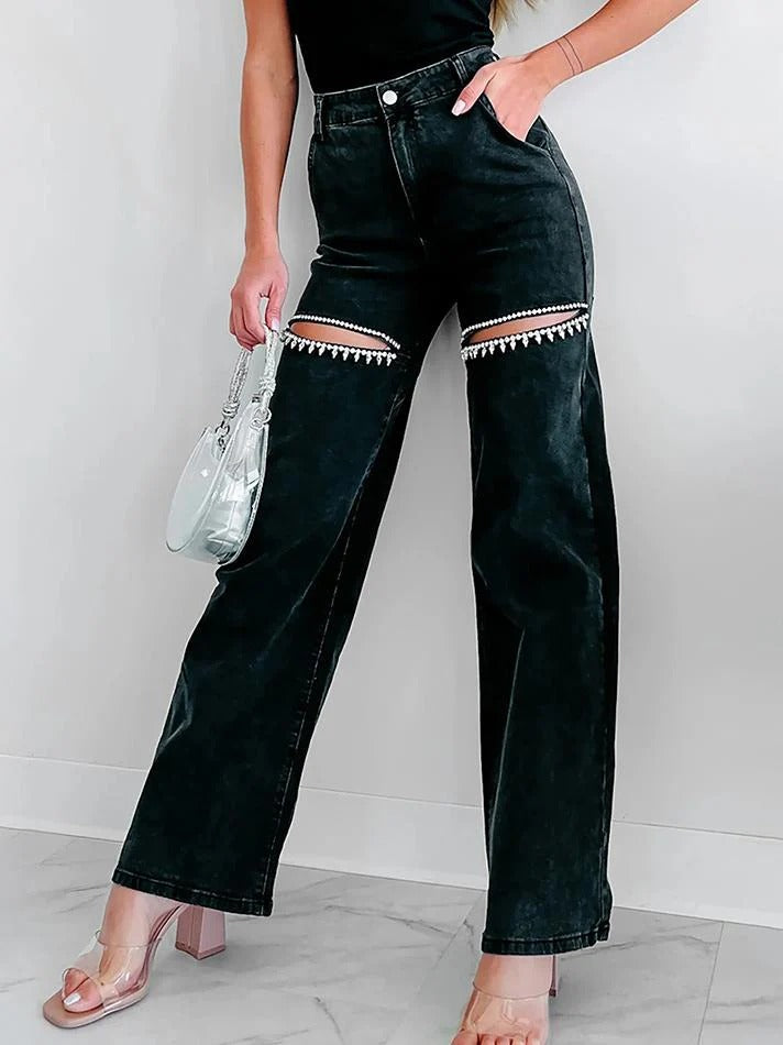 MIRANDA | Jeans rectos desgastados con detalle Strass