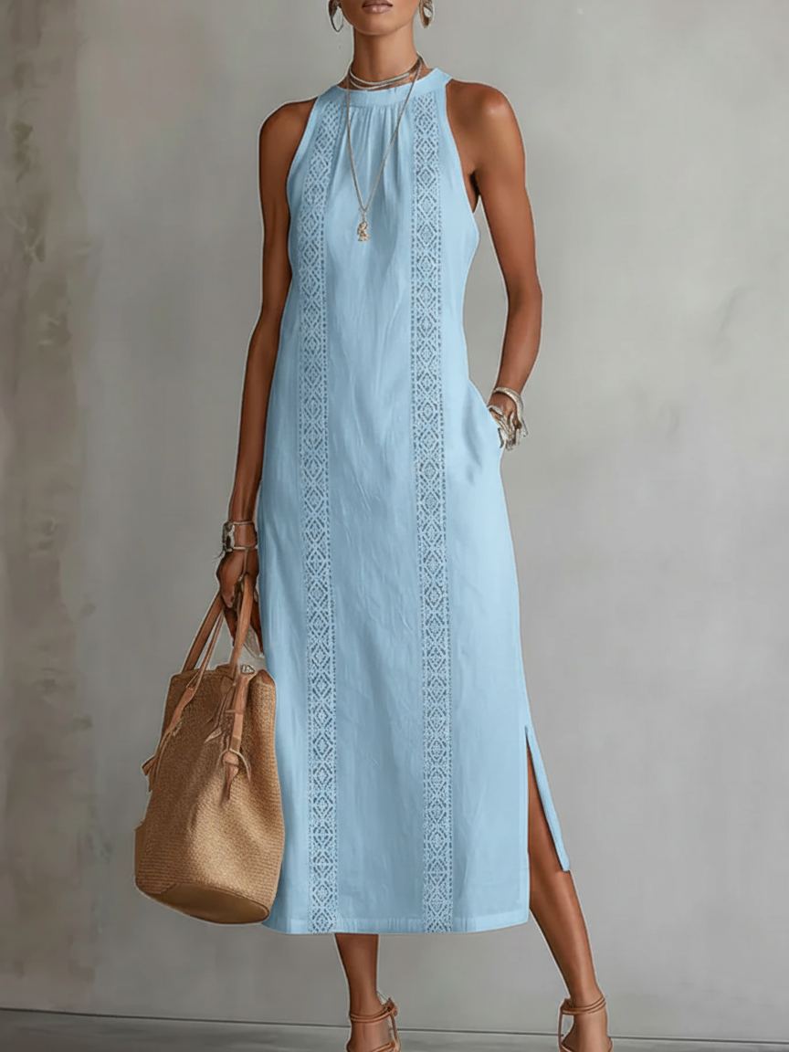Nalia | Vestido midi de lino con cuello mao