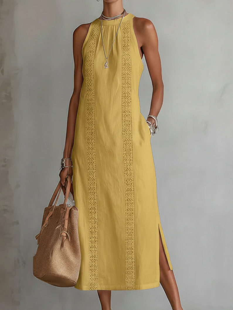 Nalia | Vestido midi de lino con cuello mao