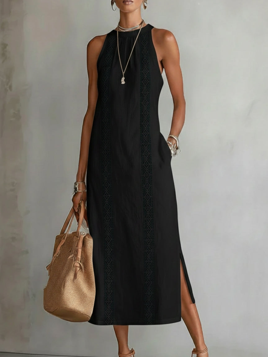 Nalia | Vestido midi de lino con cuello mao